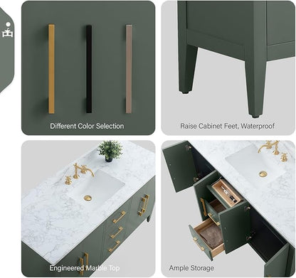 Vanity Art 60 inch Bathroom Vanity with Single Sink & Ceramic Top, Vanity Cabinet with Soft-Closing Doors, Drawers, Solid Wood Frame, Vintage Green, VA9060-SVG-GB1