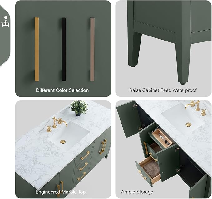 Vanity Art 60 inch Bathroom Vanity with Single Sink & Ceramic Top, Vanity Cabinet with Soft-Closing Doors, Drawers, Solid Wood Frame, Vintage Green, VA9060-SVG-MB1