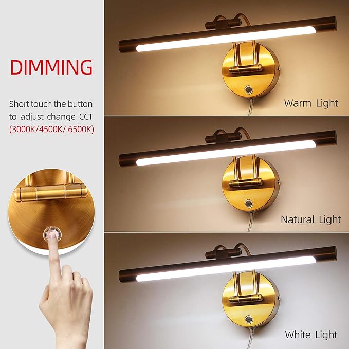 MantoLite LED Bathroom Vanity Light Fixture Dimmable 8W 16inch Gold Pulg in Display Lamps Picture Wall Lights, Indoor Lightings Wall Sconce Ajustable Bedside Reading Lamp, Brass 3000K/4500K/6000K
