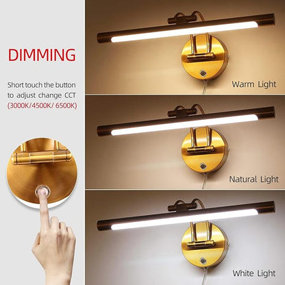MantoLite LED Bathroom Vanity Light Fixture Dimmable 8W 16inch Gold Pulg in Display Lamps Picture Wall Lights, Indoor Lightings Wall Sconce Ajustable Bedside Reading Lamp, Brass 3000K/4500K/6000K
