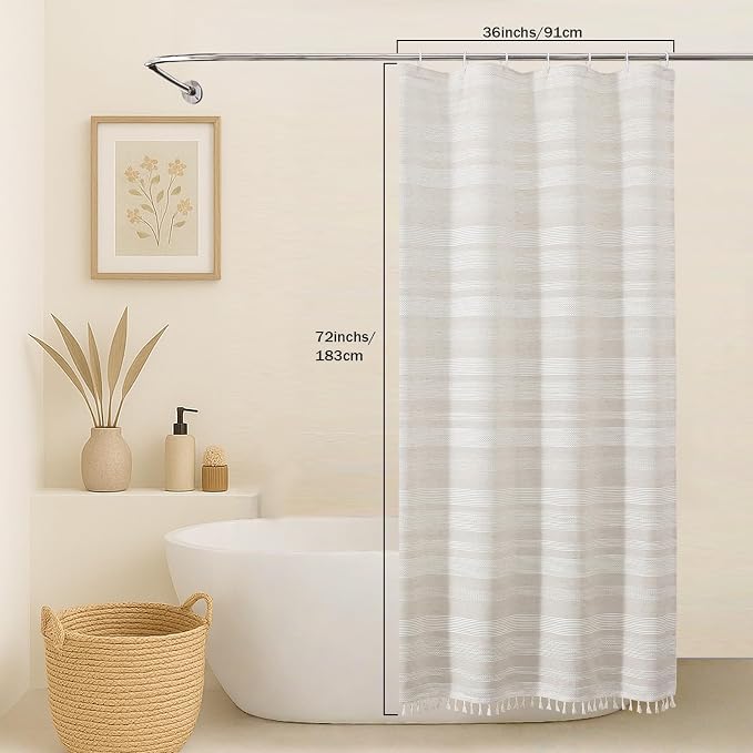Linen Boho Stall Shower Curtain, Narrow Soft Fabric Striped Textured Bathroom Shower Curtain with Tassel, Modern Farmhouse Machine Washable Bath Decor, Linen, 36Wx72L Inches