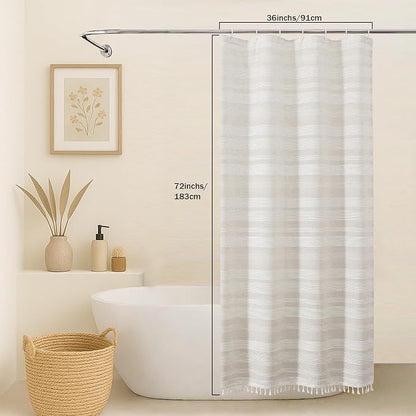 Linen Boho Stall Shower Curtain, Narrow Soft Fabric Striped Textured Bathroom Shower Curtain with Tassel, Modern Farmhouse Machine Washable Bath Decor, Linen, 36Wx72L Inches