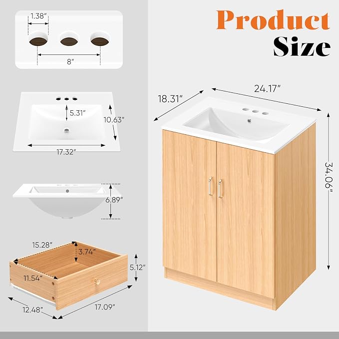 DUMOS 24 Inch Bathroom Vanity with Sink, Modern Bathroom Storage Cabinet | Freestanding Ceramic Basin Undermount Combo with 2 Doors and 1 Inner Drawer No Faucet, Classic Wood