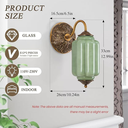 Vintage Gold Milk Glass Wall Sconce, Wall Light Set of Two - Vintage Green Shade & Brass Finish Base, Indoor Hardwired Wall Lighting Fixture for Foyers, Bedroom, etc (Bulbs Included)- Green