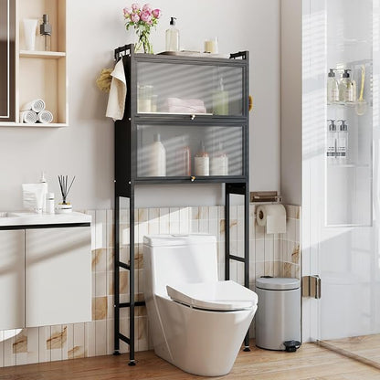 BECOMFORT Over The Toilet Storage Cabinet, Above Toilet Bathroom Shelf with Flip-up PC Doors, Metal Stand & 4 Hooks, Freestanding Space Saver, Over Toilet Bathroom Organizer for Laundry Room (Black)