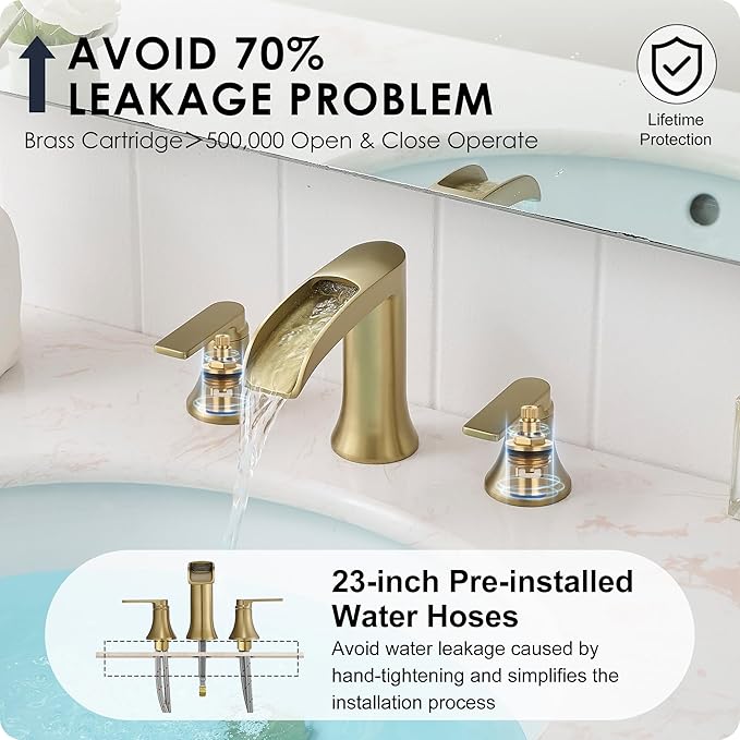 Brushed Gold Bathroom Faucet 3 Hole, 4-8 Inch Brass Widespread Waterfall Bathroom Sink Faucets with Pop Up Drain and cUPC Supply Line, 2 Handles for Vanity, Lavatory, Restroom, Apartment, Modern
