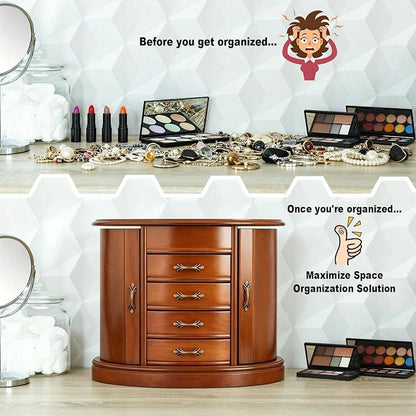 RR ROUND RICH Solid Wood Jewelry Box for Women Brown | Large Capacity Organizer with Rotating Necklace Holder, Mirror & 4 Drawers, Vintage Brown Gift Box