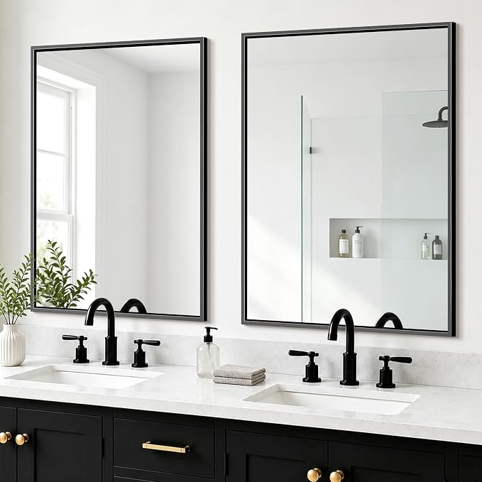 Bathroom Mirror for Wall, 2 Pack 36"x24" Black Vanity Mirror | Sturdy Rectangular Metal Frame, HD Tempered Glass, Hangs Horizontally or Vertically in Bedroom, Living Room, Entryway