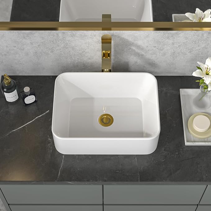 Sarlai Vessel Sink Rectangular - 16x 12 Inch White Bathroom Sink Above Counter Rectangle Modern Porcelain Ceramic Bathroom Vessel Vanity Sink Art Basin Glossy White