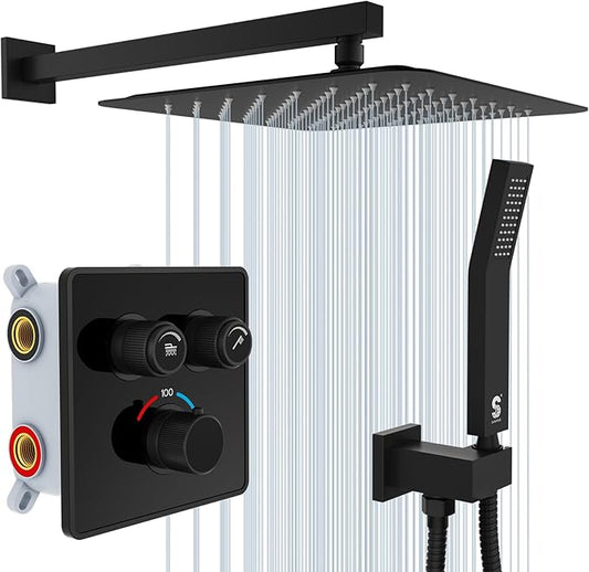SR SUN RISE 100℉ Thermostatic Shower System,12" Luxury Rainfall Shower Head and High-Pressure Handheld Bathroom Shower Faucet Set,Shower Valve and Trim Kit Included (Matte Black)