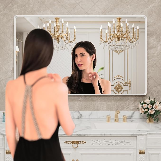 LOAAO White Metal Framed Bathroom Mirror, 60x40 Inch | Rounded Rectangle, Anti-Rust, Tempered Glass, Hangs Horizontally or Vertically