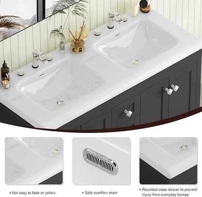 48" Bathroom Vanities with Sink Combo, Modern Double Bathroom Vanity with 4 Doors & 5 Drawers, Freestanding White Bathroom Cabinet with Double Ceramic Sink, Black