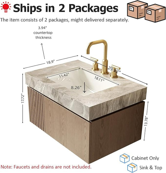 Ambrovina 30" Floating Bathroom Vanity with Sink, Modern Plywood Bathroom Storage Cabinet with Drawer and Door, Gray Sintered Stone Countertop and 3 Pre-drilled Faucet Holes Ceramic Basin, Light Brown