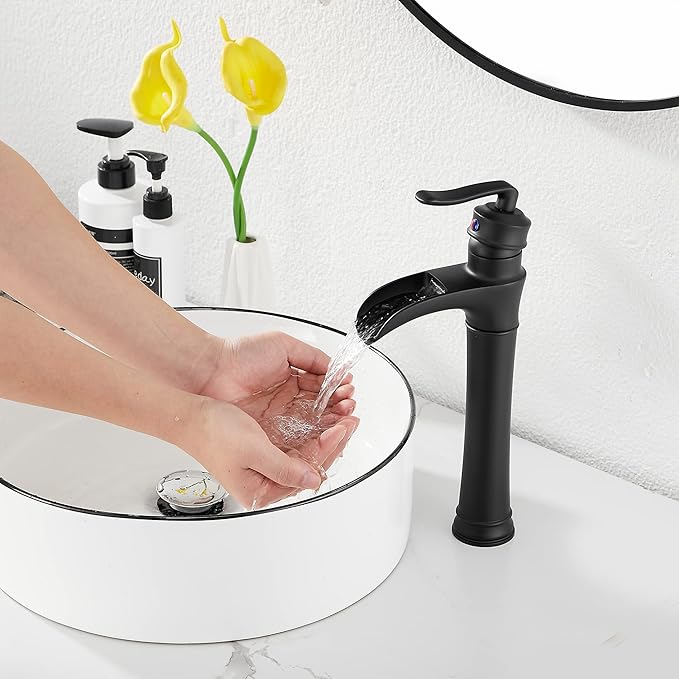 Matte Black Bathroom Faucet GGStudy Single Handle One Hole Farmhouse Waterfall Bathroom Vessel Sink Faucet Black Matching with Pop Up Drain