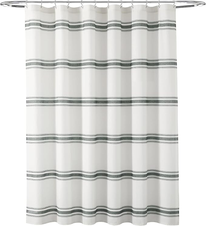 Lush Decor Farmhouse Stripe Cotton Shower Curtain, 72" W x 72" L, Dark Gray - Striped Bathroom Curtain - Fabric Shower Curtains - Farmhouse Bathroom Decor