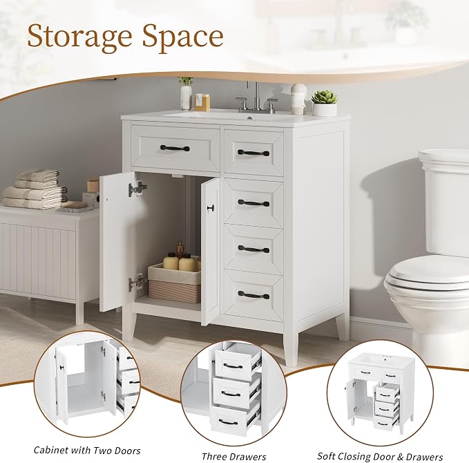 Merax 30 Inch Bathroom Vanities with Undermount Ceramic Sink, Storage Cabinet with Soft Closing Doors and Three Drawers, Solid Wood Frame, White