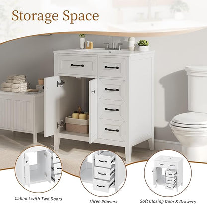 Merax 30 Inch Bathroom Vanities with Undermount Ceramic Sink, Storage Cabinet with Soft Closing Doors and Three Drawers, Solid Wood Frame, White