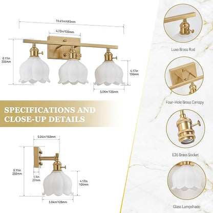 3-Light Vintage Bathroom Vanity Light, 19.4" Brass Hardwired Wall Sconce with Amber Tulip Glass Shades, Brushed Gold Vanity Light for Mirror, Restroom, Bedroom (White, 3-Light)