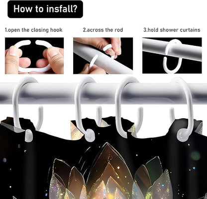 AZHM 4PCS Lotus Shower Curtain Set Black and Gold Flower Bathroom Decor Sets with Shower Curtain and Rugs and Accessories with 12 Hooks for Toilet