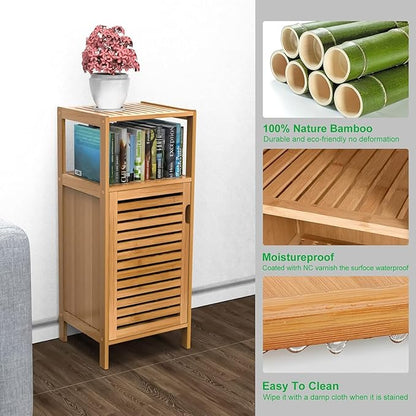 Bathroom Bamboo Storage Cabinet, Freestanding Floor Cabinet with Door and Shelf for Bathroom, Living Room, Bedroom, Hallway, Kitchen