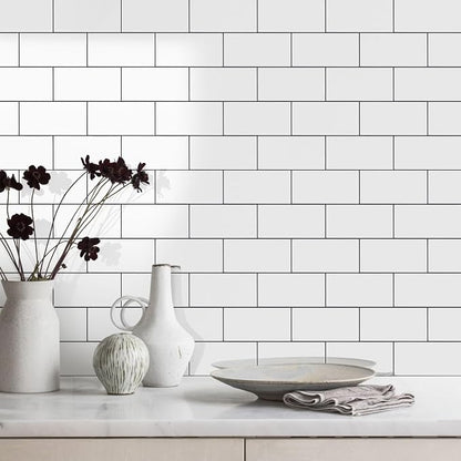 Vamos Tile White Peel and Stick Backsplash, Glossy 3''x6'' PVC Subway Tile | 4-Piece White Subway Tile with Dark Gray Grout,Stick on Backsplash for Kitchen/Bathroom/Fireplace/Laundry/Camper