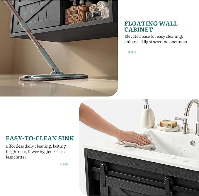 DWVO 24" LED Bathroom Vanity with Sink, Farmhouse Sliding Barn Door Bathroom Cabinet, Bathroom Vanities, Wall Mounted Floating Cabinet for Small Spaces