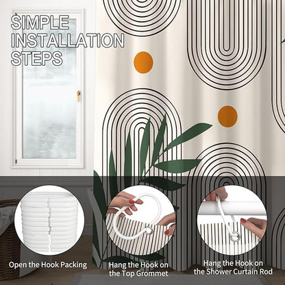 Boho Mid Century Shower Curtain Abstract Arch Geometric Sun Curve Rainbow Tropical Leaves Minimalist Shower Curtain Aesthetic Beige Bathroom Decor Fabric Curtain Set 72x72 inch