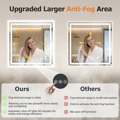 28"x28" LED Bathroom Mirror with Lights, Anti-Fog, Backlit+Frontlit | CRI 95, Stepless Dimmable, 3 Colors Lighting, Shatterproof Tempered Glass, HD Reflection, Memory, (Horizontal/Vertical)