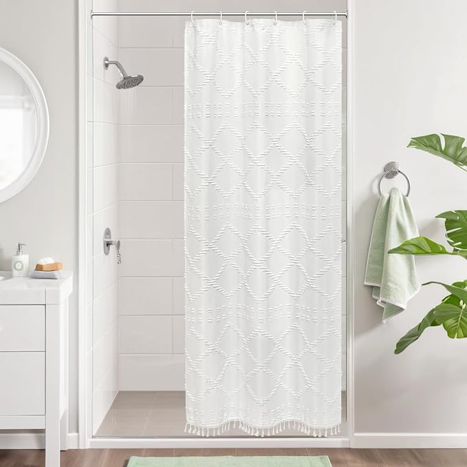 Stall White Boho Woven Fabric Shower Curtain with Tassel 36 x 72, Bohemia Tufted Chevron Striped Chic Textured, Waterproof Cloth Small Curtain for Bathroom, Modern Farmhouse Minimalist