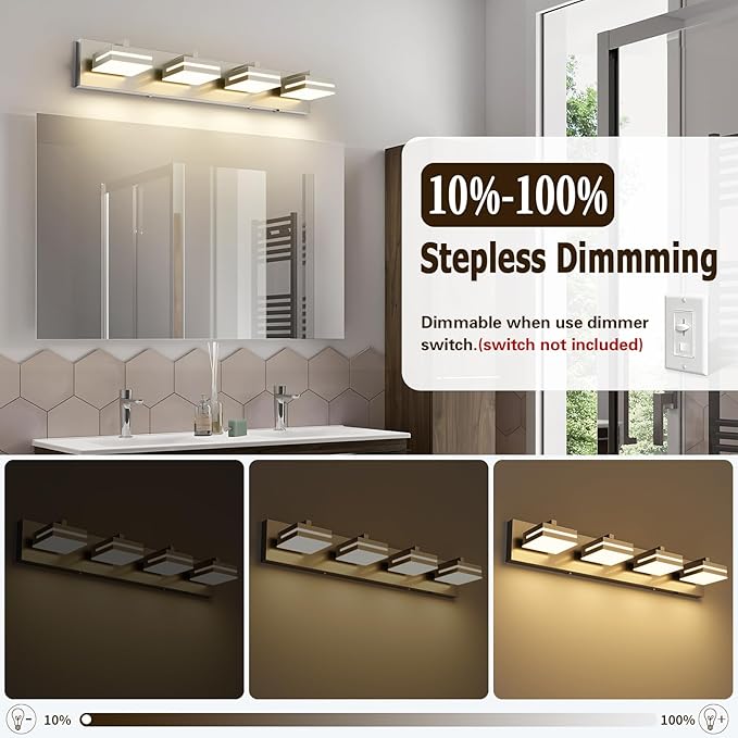 Joossnwell Bathroom Vanity Light Brushed Nickel Bathroom Lighting Fixture Over Mirror Modern (4-Light, 26.77-Inch) Dimmable 5CCT Led Bath Vanity Lighs