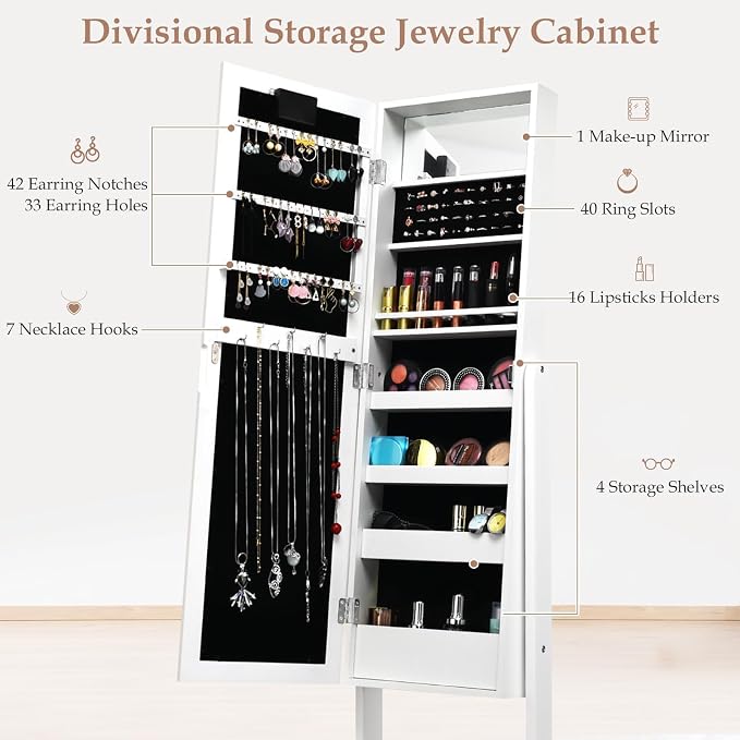 NAFORT 18 LED Lights Standing Mirror Jewelry Cabinet, Large Storage Mirror Full Length, Jewelry Armoire with Lipstick Holders, Shelves, Earring Notches, Inside Makeup Mirror (White)