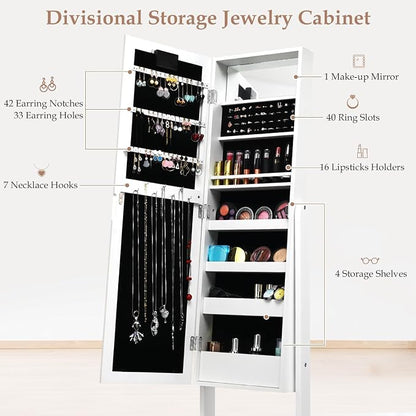 NAFORT 18 LED Lights Standing Mirror Jewelry Cabinet, Large Storage Mirror Full Length, Jewelry Armoire with Lipstick Holders, Shelves, Earring Notches, Inside Makeup Mirror (White)