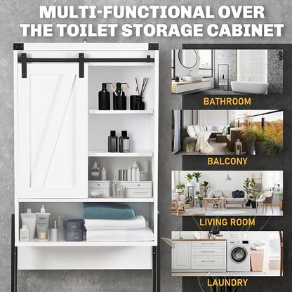 Over Toilet Storage Cabinet with Barn Door & Adjustable Shelves | 24 Inch Wide Bathroom Organizer, Space-Saving, Sturdy Wood, Anti-Tipping, Easy Assembly, for Restroom, Laundry, Small Spaces
