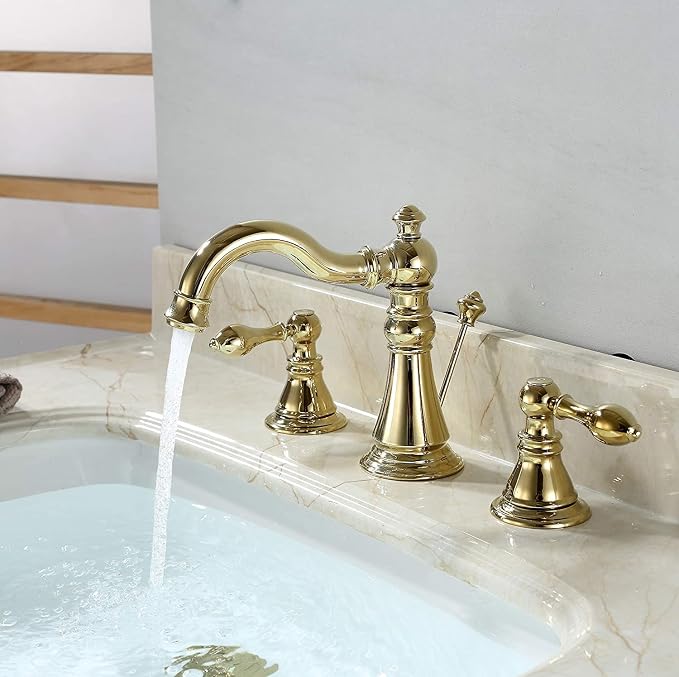 Gold Finish Bathroom Faucet 8 Inch Widespread Polished Brass,Two-Handle Sink Faucet 3 Hole with Brass Pop up Drain Assembly, F-8303-PB