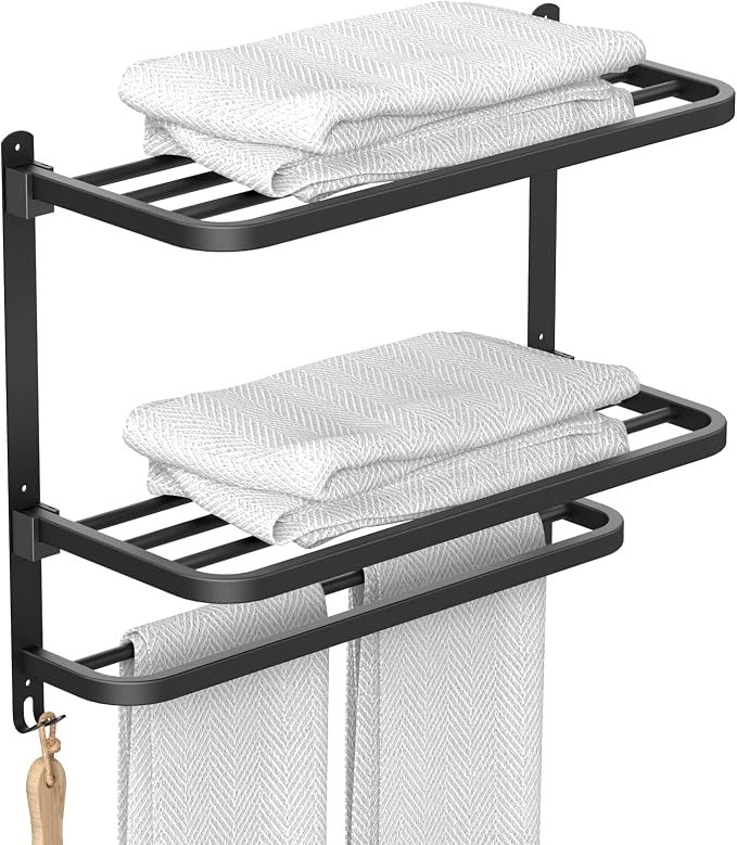 CAXIMSY 22.8Inch Towel Rack for Bathroom and Lavatory Towel Hanger with Wall Mount Towel Bars 304 Stainless Steel No Drill (Collapsible Black Towel Rack)