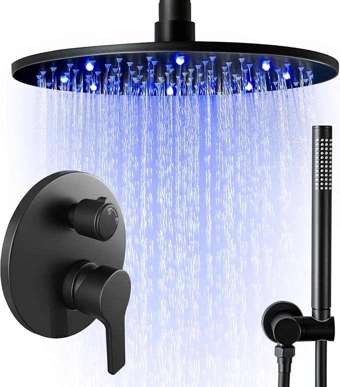 SKOWLL Black Round Rainfall Shower Head and Handle Set, Ceiling Mounted Shower Fixtures, Shower Faucet Trim Repair Kits (With Shower Valve)