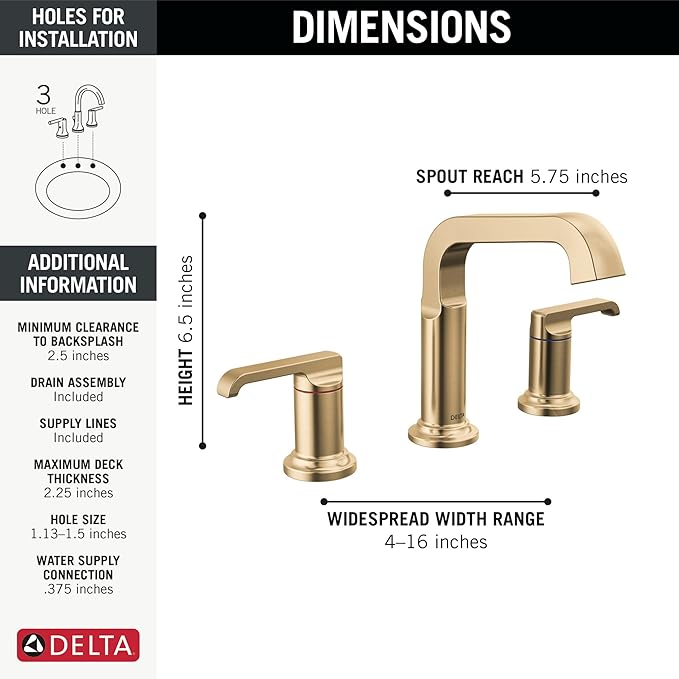Delta Faucet Tetra Gold Widespread Bathroom Faucet 3 Hole, Gold Bathroom Faucet for Bathroom Sink, Bathroom Sink Faucet, Diamond Seal Technology, Metal Drain, Lumicoat Champagne Bronze 35589-CZ-PR-DST