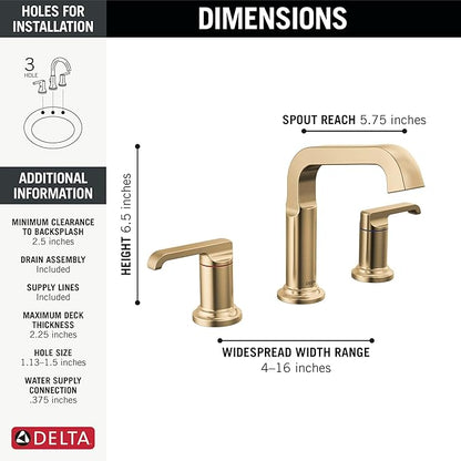 Delta Faucet Tetra Gold Widespread Bathroom Faucet 3 Hole, Gold Bathroom Faucet for Bathroom Sink, Bathroom Sink Faucet, Diamond Seal Technology, Metal Drain, Lumicoat Champagne Bronze 35589-CZ-PR-DST