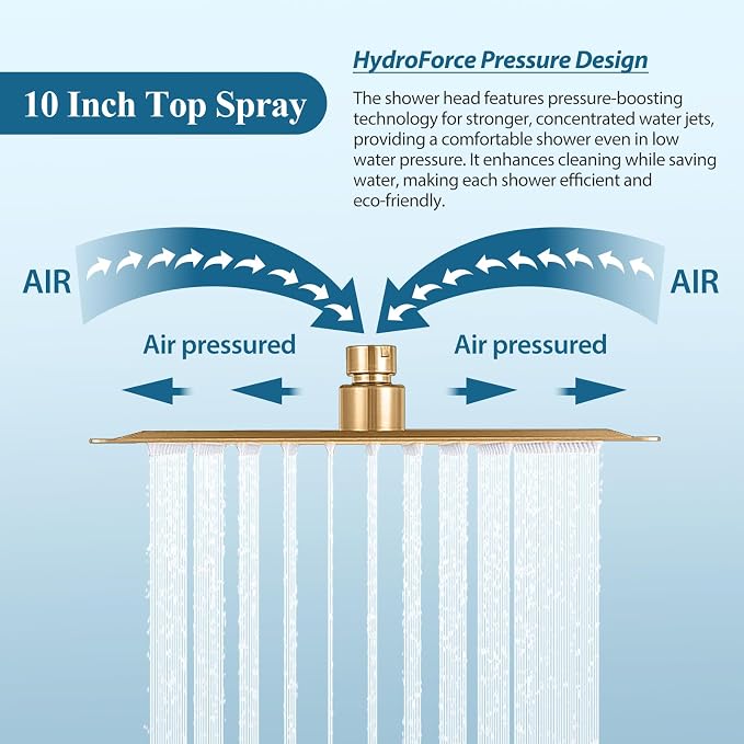 Brushed Gold Square Rainfall Shower Head Set with Handheld, 10" | Wall Mounted Bathroom Shower Faucet, 10 Inch Square Head, With Shower Valve, Rustproof Brushed Gold, High Pressure Raindrop
