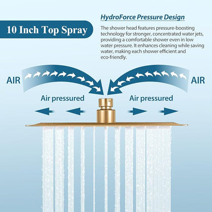 Brushed Gold Square Rainfall Shower Head Set with Handheld, 10" | Wall Mounted Bathroom Shower Faucet, 10 Inch Square Head, With Shower Valve, Rustproof Brushed Gold, High Pressure Raindrop