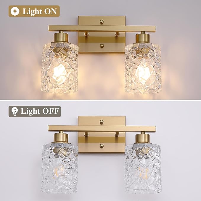 Mecgirn Stainless Steel Bathroom Vanity Light Over Mirror, 2 Light Brushed Gold Bathroom Light Fixtures with Textured Glass Shades,Ceramic E26 Sockets Wall Mounted Vanity Lights for Bathroom