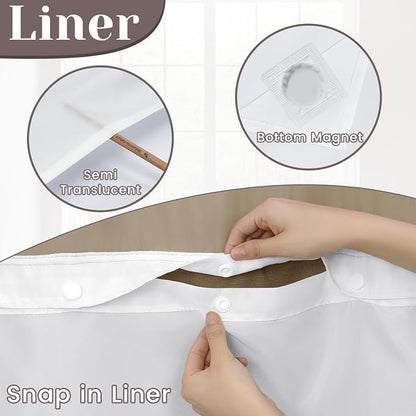 SORTTO No Hook Slub Shower Curtain with Liner, 71x74, Chocolate | Snap in Liner, 3 in 1, Bamboo Texture, Hotel Style, Waterproof Fabric, Mesh Top Window, Corner Magnets, Machine Washable