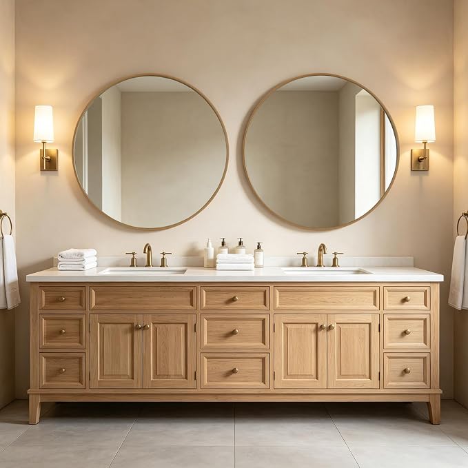 Round Wood Mirror, 40" Round Modern Decoration Large Circle Wall Mirror for Bathroom Living Room Bedroom Entryway, Natural