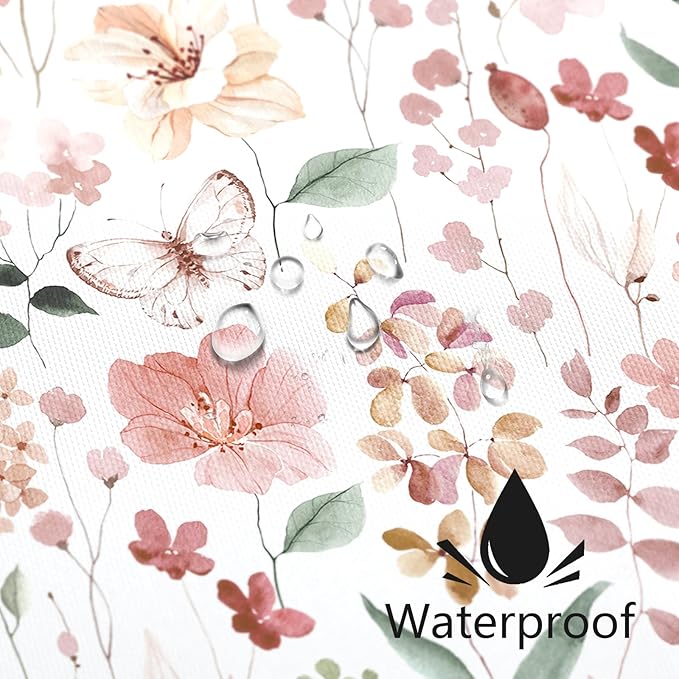 Coral Pink Floral Shower Curtain, Peach Pink Flower Fabric Shower Curtain for Bathroom, Blush Pink Cute Wildflower Butterfly Cloth Shower Curtain Set with Hooks, 72x72