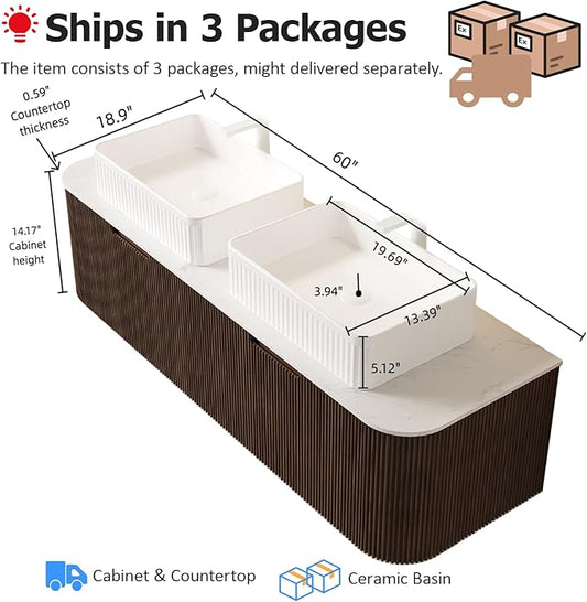60" Floating Bathroom Vanity with Sink, Wall-Mount Cabinet with 2 Large Storage Drawer, 2 White Rectangular Ceramic Basins and Marble Top, Soft-Close Design, Dark Walnut