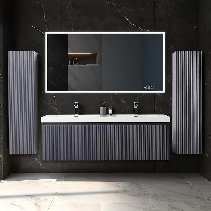 Blossom 60 Inch Double Sink Bathroom Vanity with Side Cabinets, All Wood Wall Mounted Floating Bathroom Vanity Cabinet with Acrylic Sinks, Soft-Close Drawers, Bathroom Vanities, Night Blue