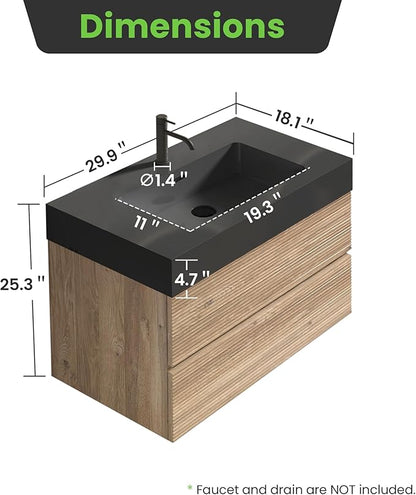30 Inch Floating Bathroom Vanity with Black Sink, Modern Wall Mounted Floating Vanity with 2 Soft-Closing Drawers, Large Storage for Apartment, Hotel, Rough Oak