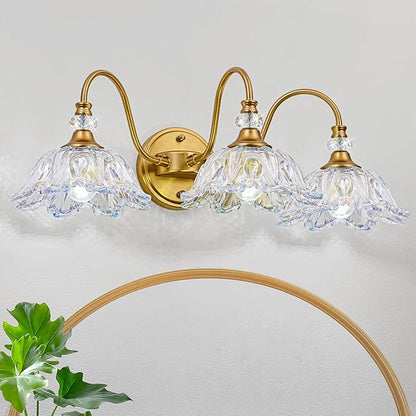 Vintage Bathroom Vanity Light, 3-Light Matte Brass Finish Vanity Light with Flower-Shaped Rainbow Glass Shades, Retro Wall Sconce for Bathroom