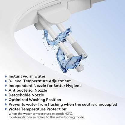 Electric Bidet Toilet Seat Adjustable Warm Water & Dryer Slow Close Heated Toilet Seat Smart Self Dual Cleaning Elongated Night Light D500
