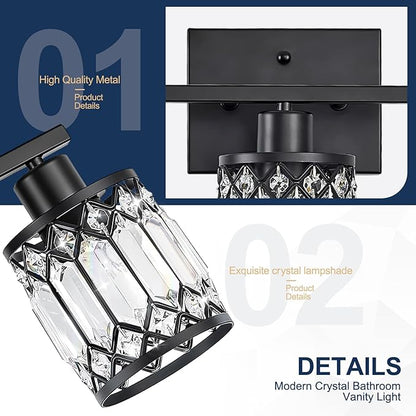 Crystal Modern Bathroom Light Fixtures, 4-Light Black Bathroom Vanity Wall Light, Vanity Lights for Mirror, Restroom, Bedroom (E26 Socket, Bulbs Not Included)